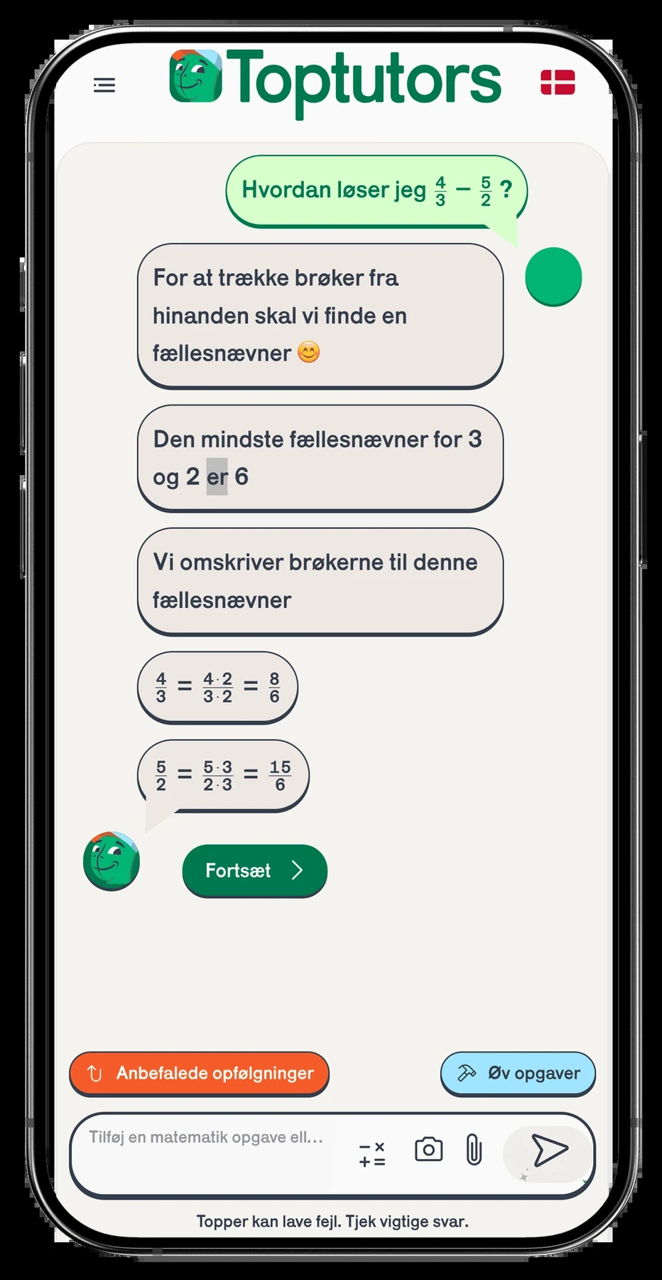 AI Tutor app der løser en matematikopgave trin for trin
